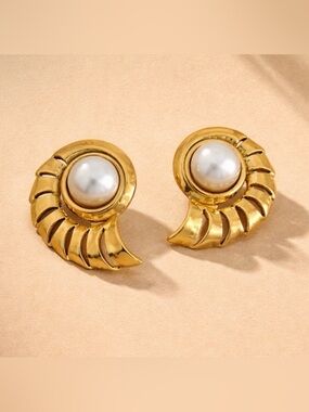 Vintage Shell Pearl Earrings • Gold Sculptural Statement Studs